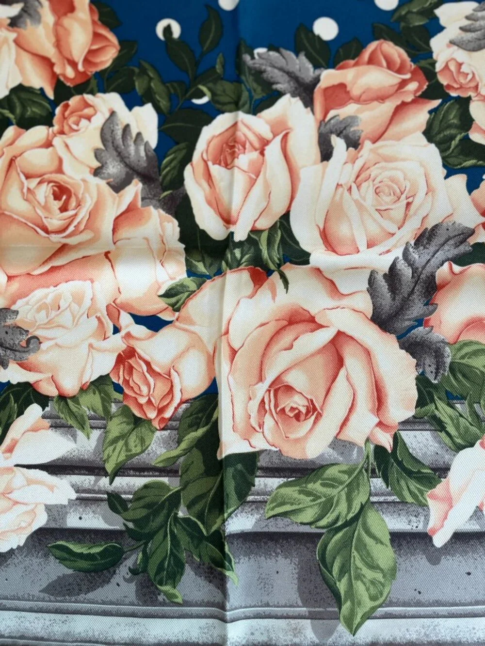 Vintage Christian Silk Scarf with Roses & Polka Dots